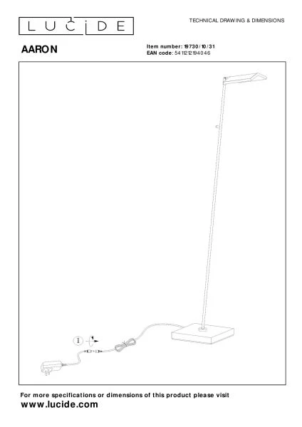 Lucide AARON - Lámpara de lectura - LED Regul. - CCT - 1x12W 2700K/4000K - Blanco - técnico